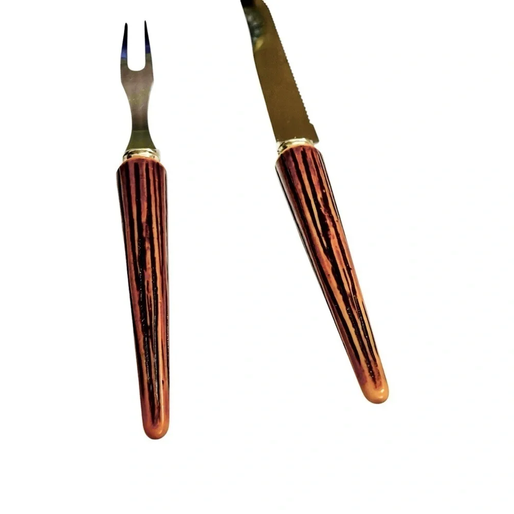 Vtg Carving 70s Fork Knife Set Faux Wood Textured Handle Stainless Steel USA